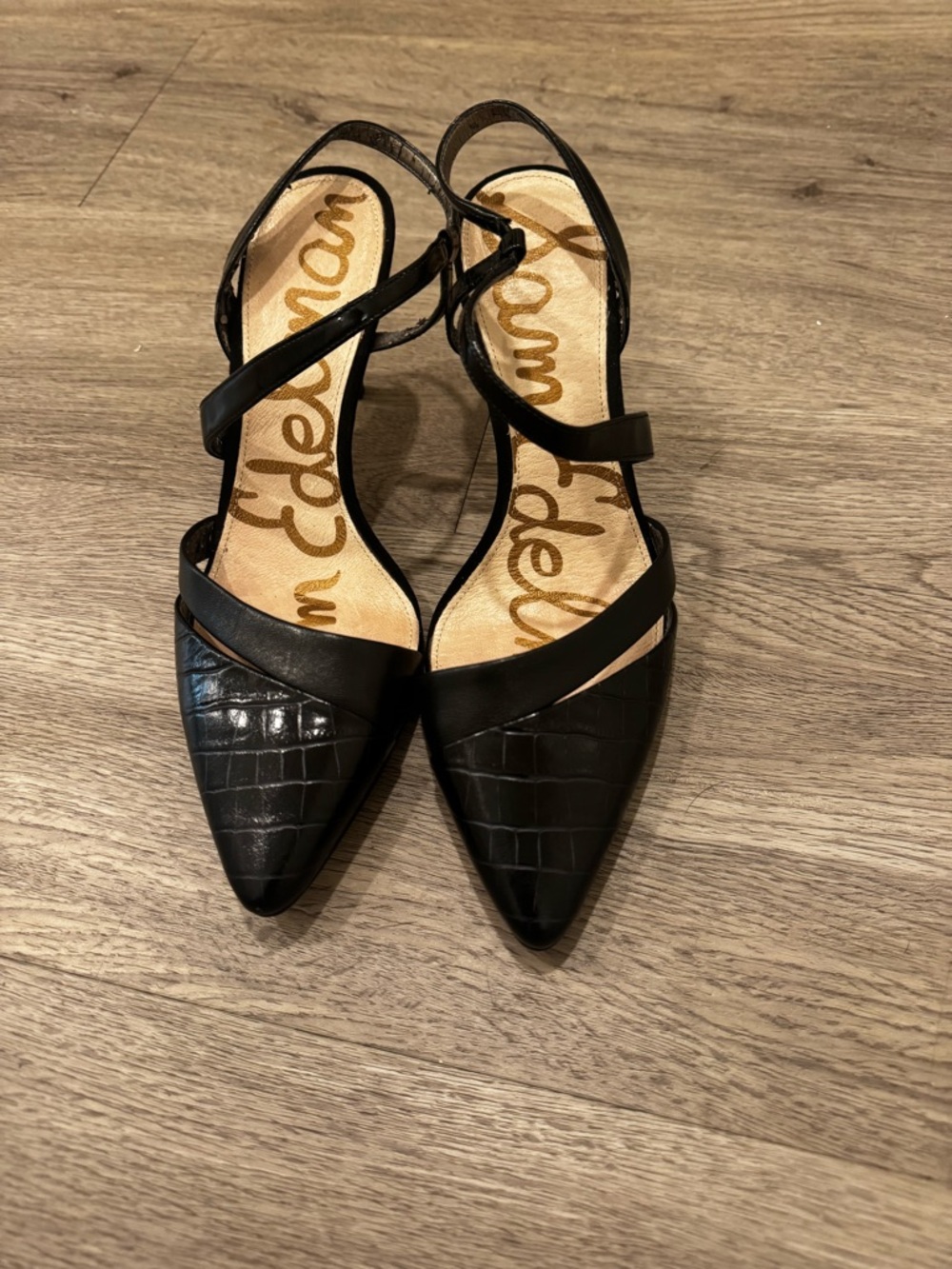 Sam Edelman Black Croc-Embossed Pointed Slingback Flats with Strap
